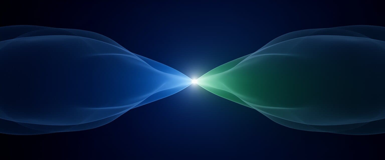 Saber abstract energy-wave hero, two ribbons converging at a luminous junction on deep navy